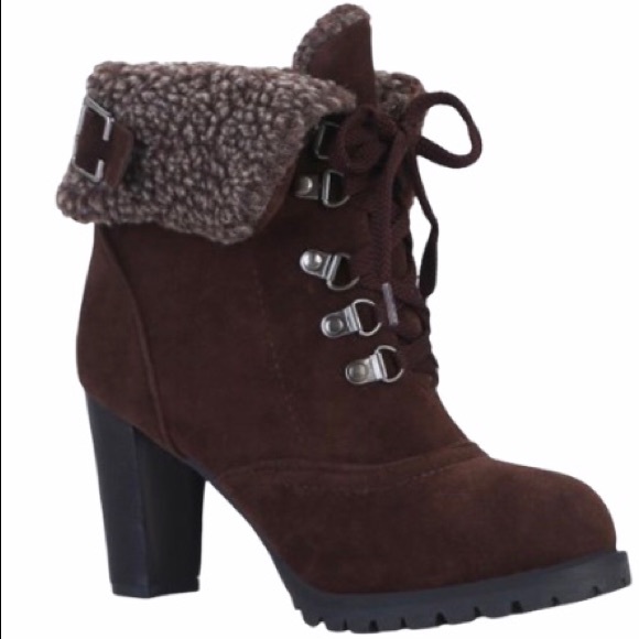 Shoes - Brown Lace Up Boots with Chunky Heel and Fur